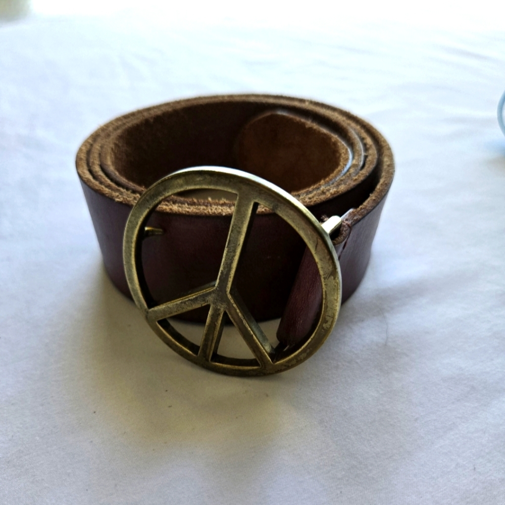 Brown Leather Belt with Peace Buckle